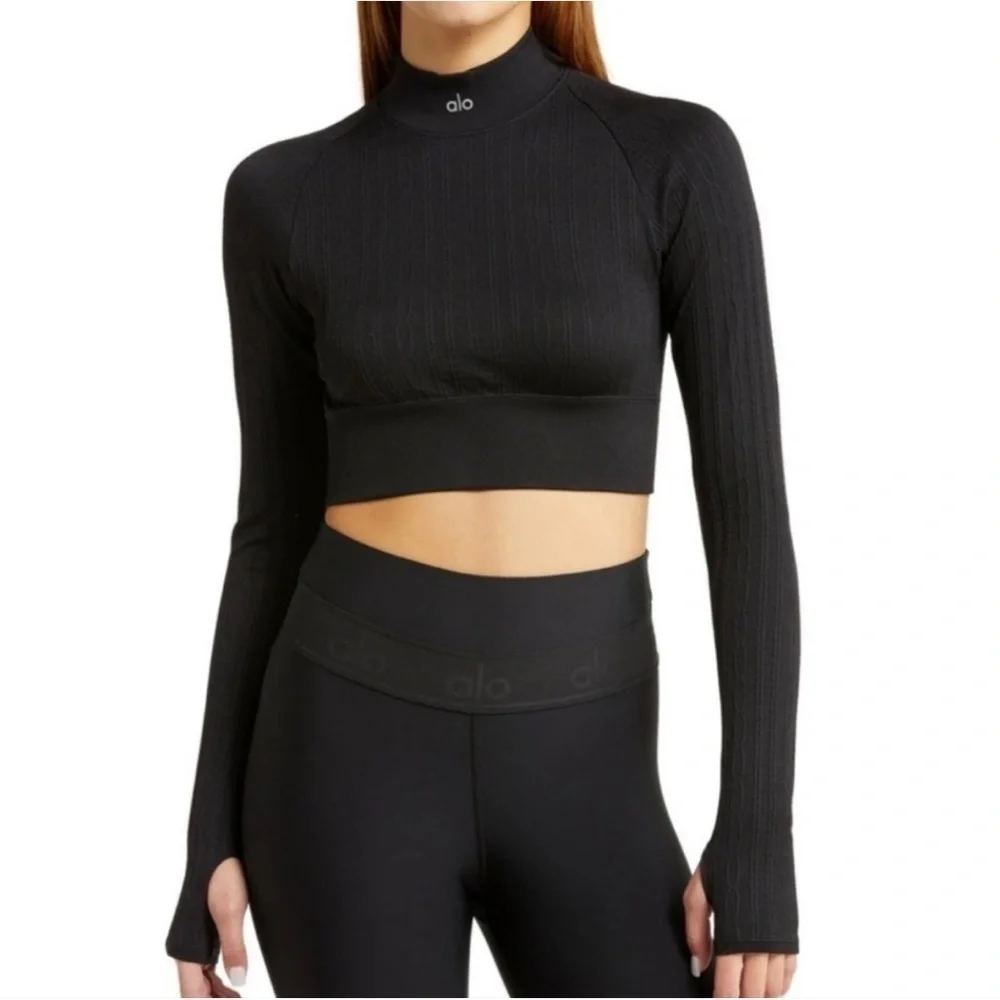Alo Yoga Seamless Cropped Cable Knit Long Sleeve Top In Black L NWOT  HTF